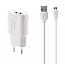 Мережевий зарядний пристрій Remax RP-U22m 2.4a 2x-USB-A ports charger + micro USB cable White