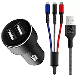 Автомобильное зарядное устройство WUW T44 12W 2.4A 2xUSB-A + Lightning+USB-C+MicroUSB cable Black - миниатюра 3