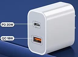 Сетевое зарядное устройство с быстрой зарядкой Remax Surie Fast Charger PD/QC 20W USB-A+C White (RP-U68) - миниатюра 4