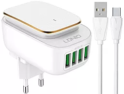 Мережевий зарядний пристрій LDNio A4405 22W 4.4A 4xUSB-A ночник + USB-C cable White