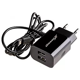Сетевое зарядное устройство Grand-X 18w QC3.0 2xUSB-A ports home charger + micro USB cable black (CH-65B)