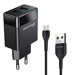 Мережевий зарядний пристрій Grand-X 2.4a 2xUSB-A ports + USB-C cable black (CH-50T)