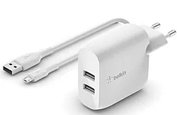 Мережевий зарядний пристрій з швидкою зарядкою Belkin Home Charger DUAL USB 24W 2.4A + Micro USB Cable White (WCE001VF1MWH)