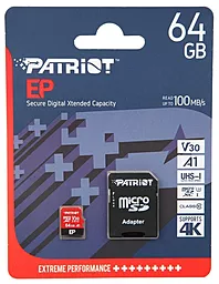 Карта памяти Patriot microSDXC 64GB EP Series Class 10 UHS-I U3 V30 A1 + SD-адаптер (PEF64GEP31MCX)