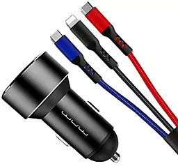 Автомобильное зарядное устройство WUW T44 12W 2.4A 2xUSB-A + Lightning+USB-C+MicroUSB cable Black - миниатюра 2