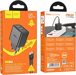 Сетевое зарядное устройство с быстрой зарядкой Hoco N35 45W PD 2xUSB-C - USB-C-C Cable Black - миниатюра 6