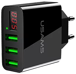 Сетевое зарядное устройство Usams 3 USB Ports Home charger with Display 3A Black (US-CC035) - миниатюра 2