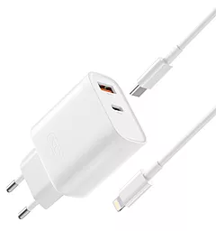 Сетевое зарядное устройство XO L116 30w PD/QC USB-C/USB-A ports home charger + USB-C to lightning cable white