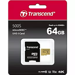 Карта памяти Transcend microSDXC 64GB 500S Class 10 UHS-I U3 V30 + SD-адаптер (TS64GUSD500S)