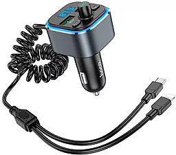Автомобильное зарядное устройство с FM-модулятором Hoco E74 18W 3A QC3.0 2xUSB-A+Lightning + USB-C Cable Metal Gray - миниатюра 3