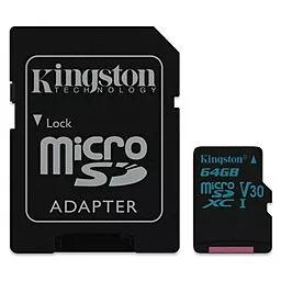 Карта памяти Kingston microSDXC 64GB Canvas Go Class 10 UHS-I U3 V30 + SD-адаптер (SDCG2/64GB)