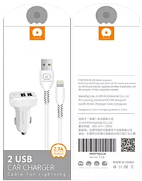 Автомобильное зарядное устройство WUW T22 2USB + USB Lightning Cable White - миниатюра 3