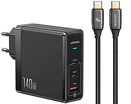 Мережевий зарядний пристрій Usams 140w PD/QC GaN 2xUSB-C/USB-A ports + USB-C/USB-C cable fast charger black (US-CC168)