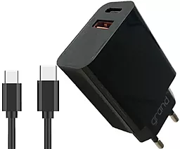 Мережевий зарядний пристрій Grand D20QP-1 PD20W/QC3.0 18W USB-A-C + USB-C - C Cable Black
