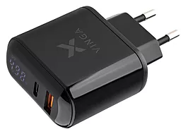Сетевое зарядное устройство с быстрой зарядкой Vinga 18w PD/QC3.0 USB-C/USB-A ports display wall charger black (VWCQPACDBK) - миниатюра 2
