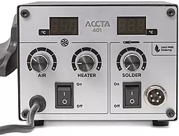 Паяльная станция двухканальная, комбинированная термовоздушная, турбинная, для бессвинцовой пайки Accta 401 (Фен, паяльник 70Вт, HAKKO T-12, ESD Safe, 450Вт) - миниатюра 5
