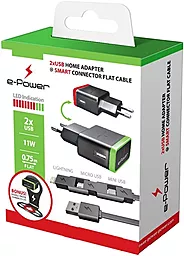 Сетевое зарядное устройство E-Power USB Home Charger (2.1A) + mini USB/micro USB/Lightning cable Black (EP722HAS) - миниатюра 3
