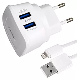 Мережевий зарядний пристрій LDNio AC63 2.4a 2xUSB-A ports home charger + lightningcable white