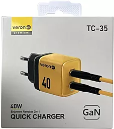 Сетевое зарядное устройство с быстрой зарядкой Veron TC-35 GaN 40w PD 2xUSB-C ports fast charger yellow - миниатюра 4