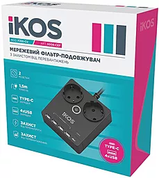 Сетевой фильтр (удлинитель) Ikos F25S-CU 2 розетки 30.5w 16А 4xUSB-A-1C 1.5 м с выключателем black (0006-CEF) - миниатюра 4