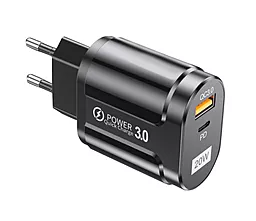 Мережевий зарядний пристрій Powermax Duo Bravo 20W PD/QC USB-A+C + USB C-C cable Black - мініатюра 2