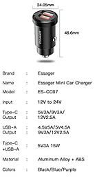 Автомобильное зарядное устройство Essager 30W 3А Gyroscope Mini Charger USB-A-A Black (ECC2A-TL01) - миниатюра 4