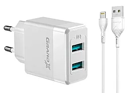 Сетевое зарядное устройство Grand-X 24w QC3.0 2xUSB-A ports home charger + USB Lightning cable white (CH-50W)