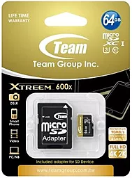 Карта памяти Team microSDXC 64GB Xtreem Class 10 UHS-I U3 + SD-адаптер (TUSDX64GU303)
