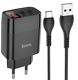 Сетевое зарядное устройство Hoco C86A Illustrious power 2USB/2,4A/LED + USB Type-C Cable Black