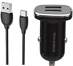 Автомобильное зарядное устройство Borofone BZ12 Lasting Power 2USB 2.4A + USB Type-C Cable Black