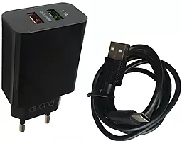 Сетевое зарядное устройство Grand D18AQ-2 18W/10.5W QC3.0 2.1A 2xUSB-A + USB-C Cable Black