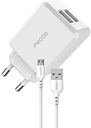 Сетевое зарядное устройство с быстрой зарядкой Proda 2.1a 2xUSB-A ports home charger + micro USB cable white (PD-A22)