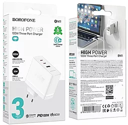 Сетевое зарядное устройство Borofone BN11 100w PD GaN 2xUSB-C/USB-A ports home charger white - миниатюра 7