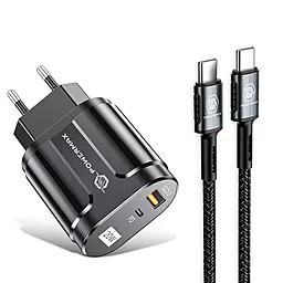 Сетевое зарядное устройство Powermax Duo Bravo 20W PD/QC USB-A+C + USB C-C cable Black