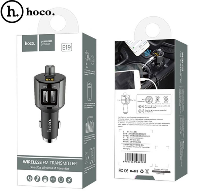 Автомобильное зарядное устройство с FM-модулятором Hoco E19 2 USB 2.4А + Bluetooth Black / изоборажение №4