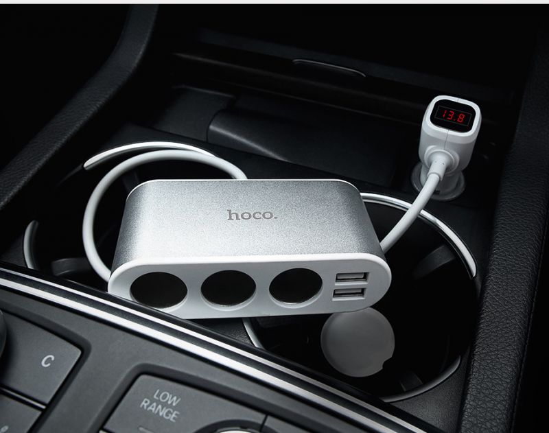 Автомобільний зарядний пристрій з перехідником прикурювача Hoco Z13 Car Charger 2USB 3 Cigarette Lighter Ports Silver / зображення №2