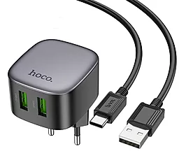 Сетевое зарядное устройство Hoco CS34A 18w QC3.0 2xUSB-A ports charger + USB-C cable black - фото Сетевое зарядное устройство Hoco CS34A 18w QC3.0 2xUSB-A ports charger + USB-C cable black