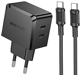 Мережевий зарядний пристрій Borofone BAS62A Smart 45w GaN PD 2xUSB-C ports charger + USB-C to USB-C cable black - фото Мережевий зарядний пристрій Borofone BAS62A Smart 45w GaN PD 2xUSB-C ports charger + USB-C to USB-C cable black