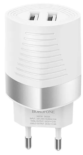 Сетевое зарядное устройство Borofone BA26A Mighty 2.4a 2xUSB-A ports charger white - фото 1