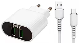 Мережевий зарядний пристрій EMY MY-220 2.4a 2xUSB-A ports home charger + Type-C cable white (YT-KMY-220-T)