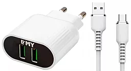Сетевое зарядное устройство EMY MY-220 2.4a 2xUSB-A ports charger + USB-C cable white (YT-KMY-220-T) - фото Сетевое зарядное устройство EMY MY-220 2.4a 2xUSB-A ports charger + USB-C cable white (YT-KMY-220-T)
