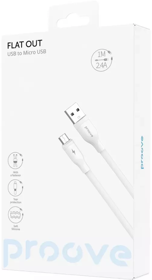 Кабель Proove Flat Out USB-A - micro USB 12w 2.4a 1м cable White - фото 4