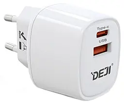 Сетевое зарядное устройство Deji A88 20w PD/QC USB-C/USB-A ports fast charger white - фото Сетевое зарядное устройство Deji A88 20w PD/QC USB-C/USB-A ports fast charger white