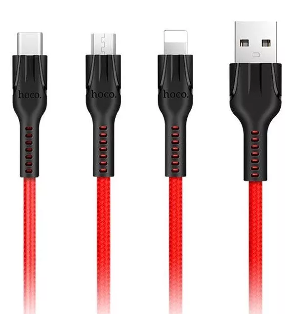 Универсальный кабель Hoco U31 Benay 3-in-1 USB-A to Type-C/Lightning/micro USB 12w 2.4a 1.2м сable Red - фото 1