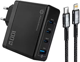 Мережевий зарядний пристрій Powermax Eclipse 100w GaN PD 3xUSB-C/USB-A ports charger + USB-C - Lightning 27w cable black - фото Мережевий зарядний пристрій Powermax Eclipse 100w GaN PD 3xUSB-C/USB-A ports charger + USB-C - Lightning 27w cable black