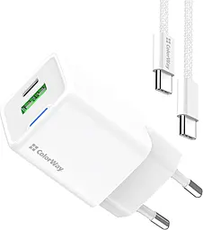 Сетевое зарядное устройство ColorWay 35w GaN/PPS PD USB-C/USB-A ports charger + USB-C to USB-C cable white (CW-CHS055PDC-WT) - фото Сетевое зарядное устройство ColorWay 35w GaN/PPS PD USB-C/USB-A ports charger + USB-C to USB-C cable white (CW-CHS055PDC-WT)