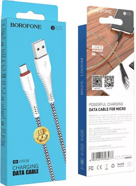 Кабель Borofone BX25 Powerful USB-A - micro USB 12w 2.4a 1м cable White - фото 5