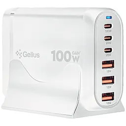 Сетевое зарядное устройство Gelius GP-HC063 100w GaN 3xUSB-C/3xUSB-A ports charger white - фото Сетевое зарядное устройство Gelius GP-HC063 100w GaN 3xUSB-C/3xUSB-A ports charger white