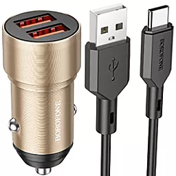 Автомобильное зарядное устройство Borofone BZ19 Wisdom 2.4a 2xUSB-A ports car charger + USB-C cable gold