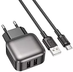 Мережевий зарядний пристрій Borofone BAS51A Absolute 2.4a 2xUSB-A ports charger + USB-С cable black - фото Мережевий зарядний пристрій Borofone BAS51A Absolute 2.4a 2xUSB-A ports charger + USB-С cable black